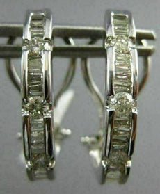 ESTATE WIDE .75CT ROUND & BAGUETTE 14KT WHITE GOLD 3D SEMI HOOP HANGING EARRINGS