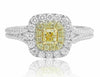 WIDE .65CT WHITE & FANCY YELLOW DIAMOND 18KT TWO TONE GOLD HALO ENGAGEMENT RING
