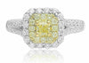 WIDE .94CT WHITE & FANCY YELLOW DIAMOND 18KT TWO TONE GOLD HALO ENGAGEMENT RING