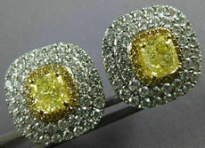EXTRA LARGE 3.88CT WHITE & FANCY YELLOW DIAMOND 18KT GOLD SQUARE HALO EARRINGS