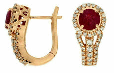1.29CT DIAMOND & AAA RUBY 14KT ROSE GOLD ROUND HALO LEVERBACK HANGING EARRINGS