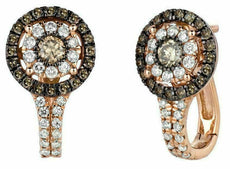WHITE & CHOCOLATE FANCY DIAMOND 14KT ROSE GOLD FLOWER CLUSTER CLIP ON EARRINGS