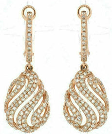 ESTATE .95CT DIAMOND 14K ROSE GOLD 3D MULTI ROW SWIRL TEAR DROP HANGING EARRINGS