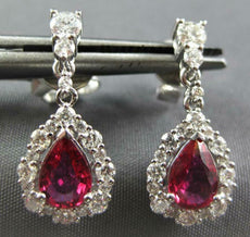 2.12CT DIAMOND & AAA RUBY 18KT WHITE GOLD 3D ROUND & PEAR SHAPE HANGING EARRINGS