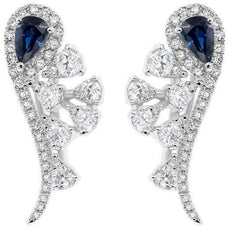 1.40CT DIAMOND & AAA SAPPHIRE 14K WHITE GOLD ROUND & PEAR SHAPE HANGING EARRINGS