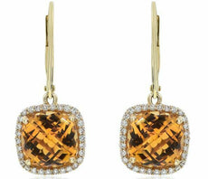5.75CT DIAMOND & AAA CITRINE 14KT YELLOW GOLD CUSHION & ROUND HANGING EARRINGS