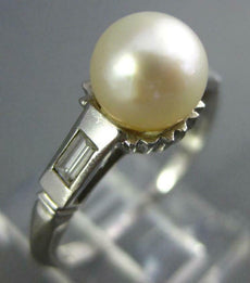 ESTATE .06CT DIAMOND & AAA SOUTH SEA PEARL PLATINUM 3D 3 STONE ENGAGEMENT RING