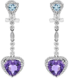 4.23CT DIAMOND & AAA BLUE TOPAZ & AMEHTYST 14K WHITE GOLD HEART HANGING EARRINGS