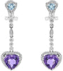 4.23CT DIAMOND & AAA BLUE TOPAZ & AMEHTYST 14K WHITE GOLD HEART HANGING EARRINGS