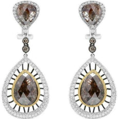 LARGE 13.24CT WHITE & MOCHA DIAMOND 18KT WHITE GOLD TEAR DROP HANGING EARRINGS