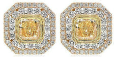 3.11CT WHITE & FANCY YELLOW DIAMOND 18KT TRI COLOR GOLD 3D OCTAGON STUD EARRINGS
