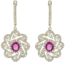 1.97CT DIAMOND & AAA PINK SAPPHIRE 14K YELLOW GOLD ROUND & OVAL HANGING EARRINGS
