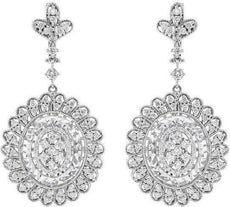LARGE 2.15CT DIAMOND 18KT WHITE GOLD 3D CLUSTER FILIGREE FLOWER HANGING EARRINGS