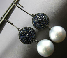 LARGE 3.60CT AAA SAPPHIRE & SOUTH SEA PEARL 18KT BLACK GOLD 3D HANGING EARRINGS