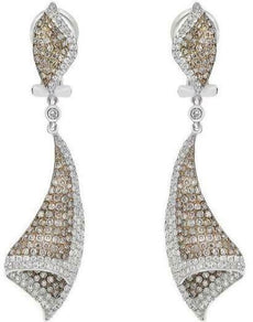 3.10CT WHITE & CHOCOLATE FANCY DIAMOND 18K WHITE GOLD TEAR DROP HANGING EARRINGS