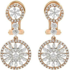 1.05CT DIAMOND 18K WHITE & ROSE GOLD 3D FLOWER CIRCULAR CLIP ON HANGING EARRINGS