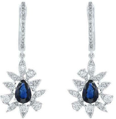1.83CT DIAMOND & AAA SAPPHIRE 14K WHITE GOLD ROUND & PEAR SHAPE HANGING EARRINGS
