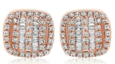 .34CT DIAMOND 14KT ROSE GOLD 3D ROUND & BAGUETTE CLUSTER SQUARE STUD EARRINGS