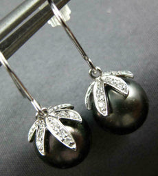 ESTATE .07CT DIAMOND & AAA PEARL 14KT WHITE GOLD LEAF PALM TREE HANGING EARRINGS