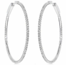 LARGE 2.08CT DIAMOND 18KT WHITE GOLD 3D ROUND INSIDE OUT CLASSIC HOOP EARRINGS