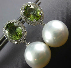 LARGE DIAMOND GREEN TOURMALINE & SOUTH SEA PEARL 18K WHITE GOLD HANGING EARRINGS