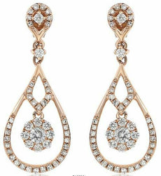 ESTATE .86CT DIAMOND 14KT ROSE GOLD 3D CLASSIC FLOWER TEAR DROP HANGING EARRINGS