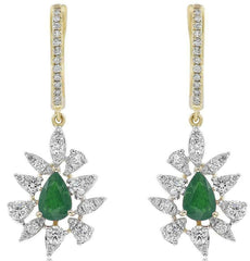 1.56CT DIAMOND & AAA EMERALD 14K YELLOW GOLD ROUND & PEAR SHAPE HANGING EARRINGS