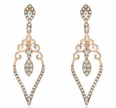 .55CT DIAMOND 14KT ROSE GOLD 3D OPEN FILIGREE DOUBLE HEART HANGING EARRINGS