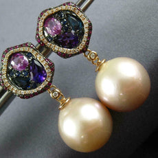 LARGE DIAMOND & MULTI SAPPHIRE & SOUTH SEA PEARL 18KT ROSE GOLD HANGING EARRINGS