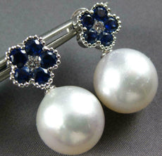 LARGE 1.96CT DIAMOND SAPPHIRE & SOUTH SEA PEARL 18KT WHITE GOLD HANGING EARRINGS