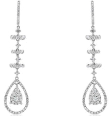 1.78CT DIAMOND 18KT WHITE GOLD 3D CLUSTER TEAR DROP FLOWER HANGING EARRINGS