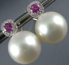 EXTRA LARGE DIAMOND & AAA PINK SAPPHIRE & PEARL 18KT WHITE GOLD CLIP ON EARRINGS