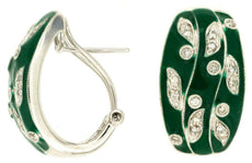 WIDE .25CT DIAMOND & GREEN ENAMEL 14KT WHITE GOLD 3D MULTI LEAF CLIP ON EARRINGS