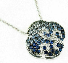 1.60CT DIAMOND & AAA BLUE SAPPHIRE 14KT WHITE GOLD 4 LEAF CLOVER FLOWER PENDANT