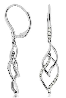 ESTATE .25CT DIAMOND 14KT WHITE GOLD 3D DOUBLE LEAF LEVERBACK HANGING EARRINGS