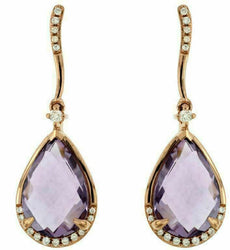 ESTATE 4.62CT DIAMOND & AAA AMETHYST 14KT ROSE GOLD PEAR SHAPE HANGING EARRINGS
