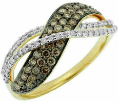 .59CT WHITE & CHOCOLATE FANCY DIAMOND 14K YELLOW GOLD MULTI ROW CRISS CROSS RING