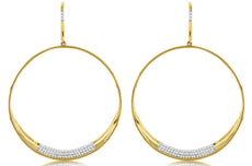 LARGE .35CT DIAMOND 14KT YELLOW GOLD 3D SIDEWAY CIRCULAR HOOP HANGING EARRINGS