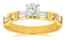 .90CT DIAMOND 14KT YELLOW GOLD 3D ROUND AND BAGUETTE CLASSIC ENGAGEMENT RING