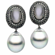LARGE 11.0CT BLACK DIAMOND & AAA GREY MOON & PEARL 18KT BLACK GOLD PAVE EARRINGS