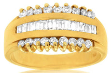 WIDE .94CT DIAMOND 14KT YELLOW GOLD 3D ROUND & BAGUETTE CLASSIC ANNIVERSARY RING