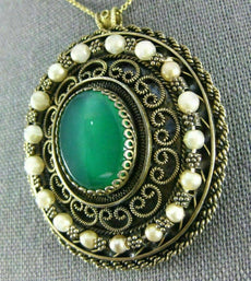ANTIQUE LARGE 935 STERLING SILVER PEARLS & GREEN AGATE PENDANT BROOCH PIN #26580
