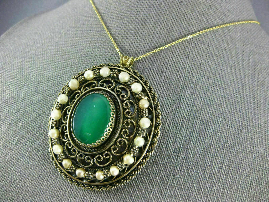 ANTIQUE LARGE 935 STERLING SILVER PEARLS & GREEN AGATE PENDANT BROOCH PIN #26580