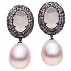 LARGE 12.0CT ROSE QUARTZ PINK SAPPHIRE & SOUTH SEA PEARL 18K BLACK GOLD EARRINGS
