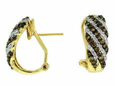 WIDE 1.02CT WHITE & MOCHA DIAMOND 14KT YELLOW GOLD 3D MULTI ROW CLIP ON EARRINGS