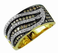 WIDE .77CT WHITE & MOCHA DIAMOND 14K YELLOW GOLD MULTI ROW LEAF ANNIVERSARY RING