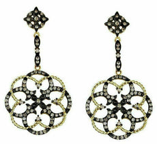 1.0CT MOCHA DIAMOND 14KT YELLOW & BLACK GOLD 3D FLOWER FILIGREE HANGING EARRINGS