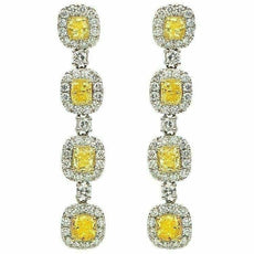 LARGE 7.73CT WHITE & FANCY YELLOW DIAMOND 18K TWO TONE GOLD SQUARE HALO EARRINGS