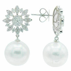 LARGE 1.3CT DIAMOND & AAA SOUTH SEA PEARL 18K WHITE GOLD 3D SNOW FLAKE EARRINGS