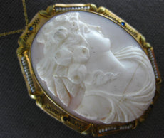 ANTIQUE LARGE PEARL & SAPPHIRE 14K YELLOW GOLD SHELL CAMEO PIN PENDANT #19939